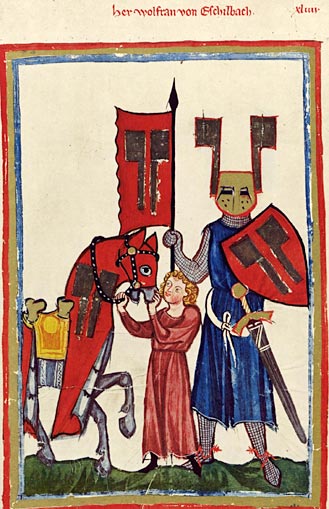 Cartoonish drawing of a mediæval knight and his squire